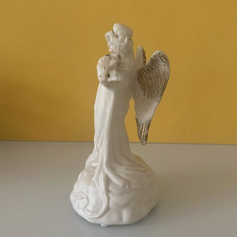Set of 2 White Ceramic Angel Figurines w/ Harp and Violin Table Décor Sculptures